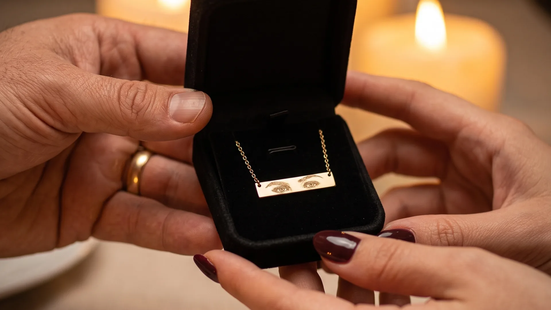 Hands exchanging a velvet gift box containing a Held Gaze eye-engraved necklace